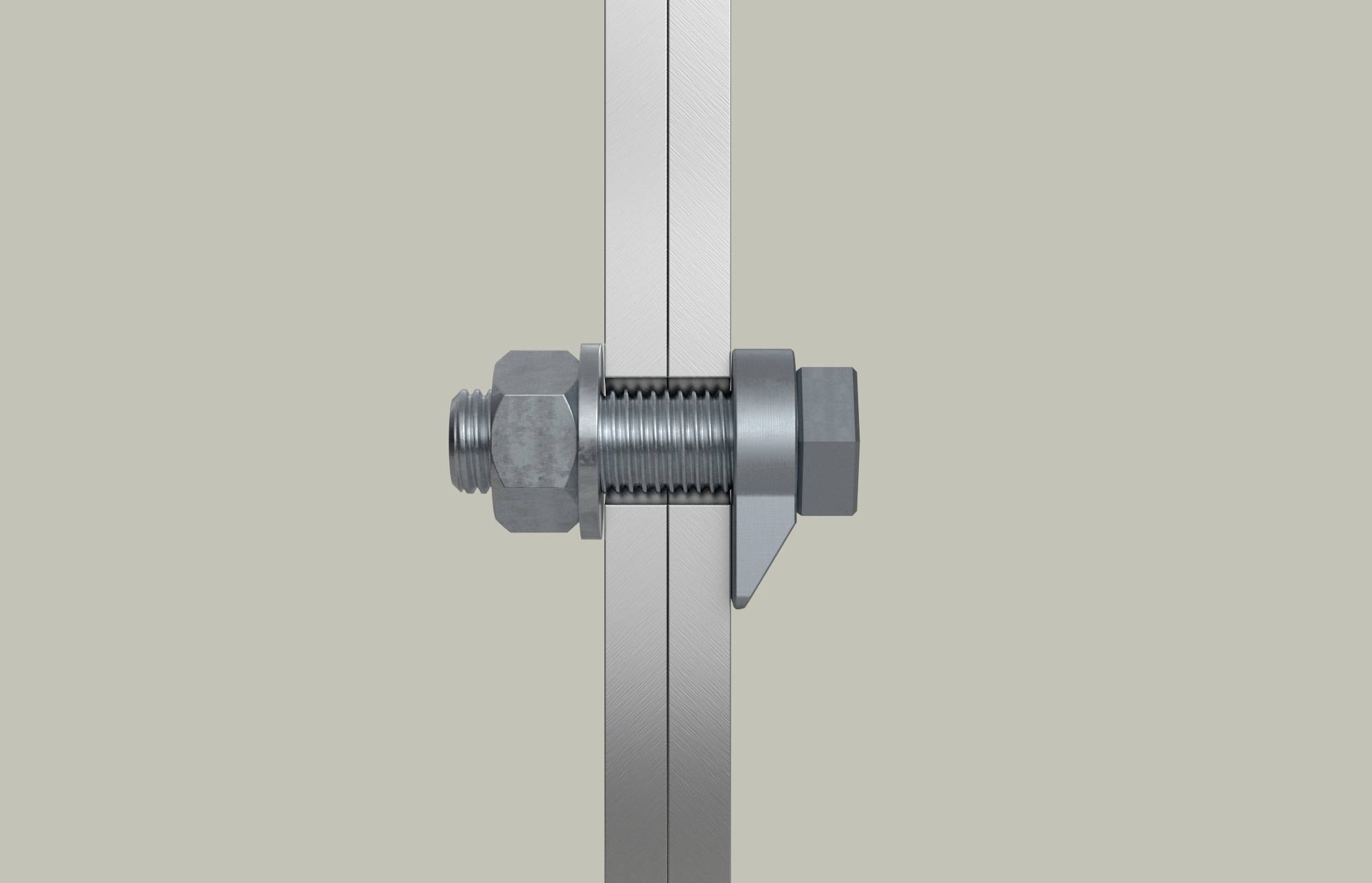 A metal screw and nut connect two metal plates. The nut is tightened to firmly secure the plates.