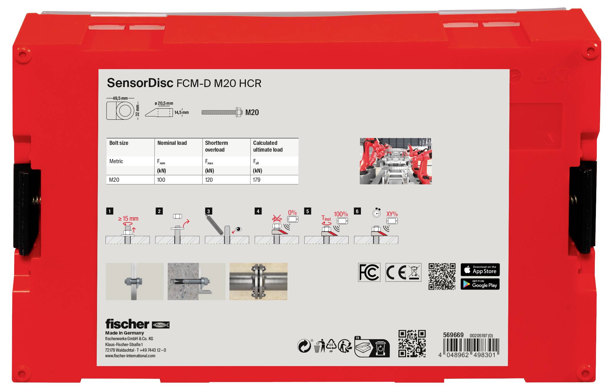 Red housing with product information for 'SensorDisc FCM-D M20 HCR', illustrations and symbols for connection and mounting instructions.