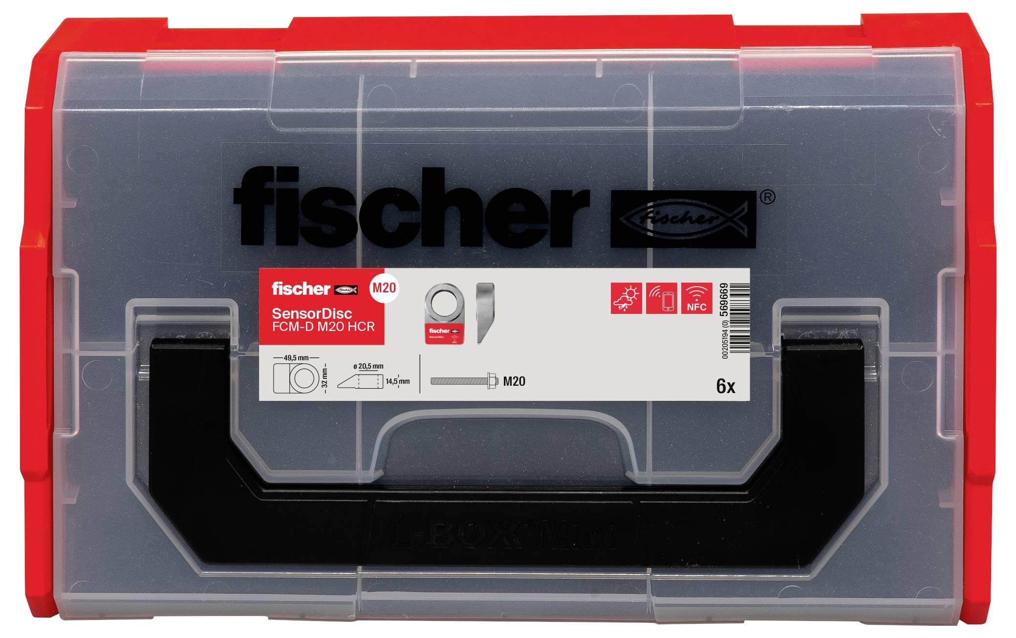 Transparent plastic box with red lid, containing Fischer SensorDisc FCM-D M20 HCR, 6 pieces, illustrated with technical symbol.