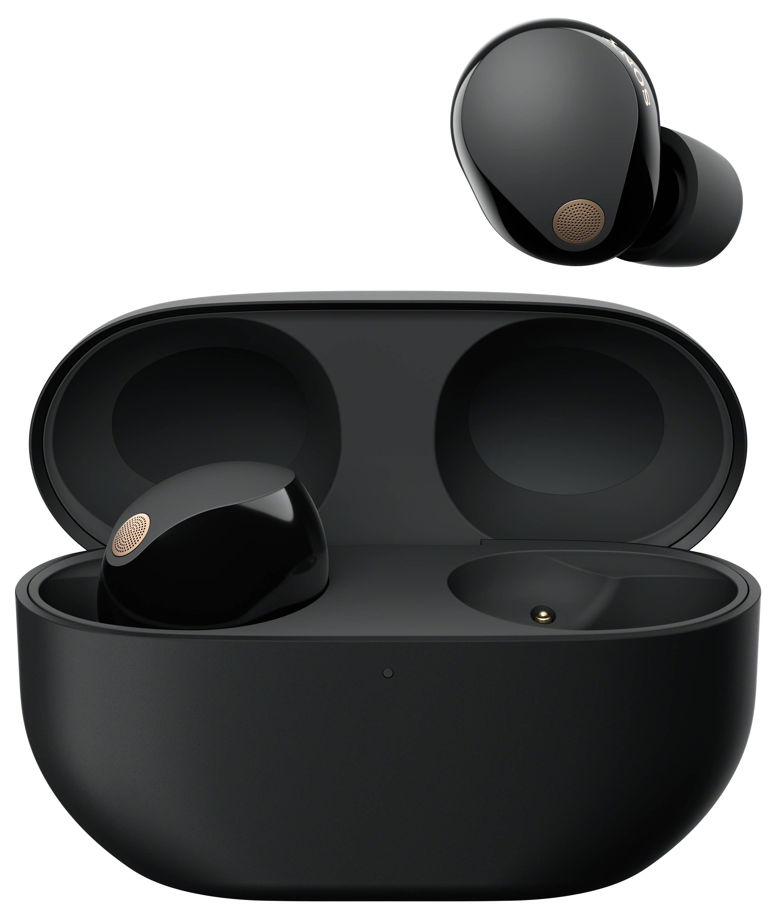 Wireless black earbuds with charging case, one earbud outside and one placed in the case. Perfect for listening to music on the go.