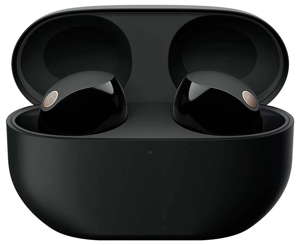 Wireless black earbuds in an open charging case, ready for use.