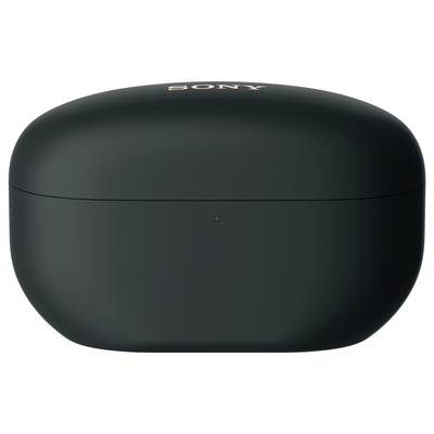 Black, oval Sony case for wireless earphones, closed.
