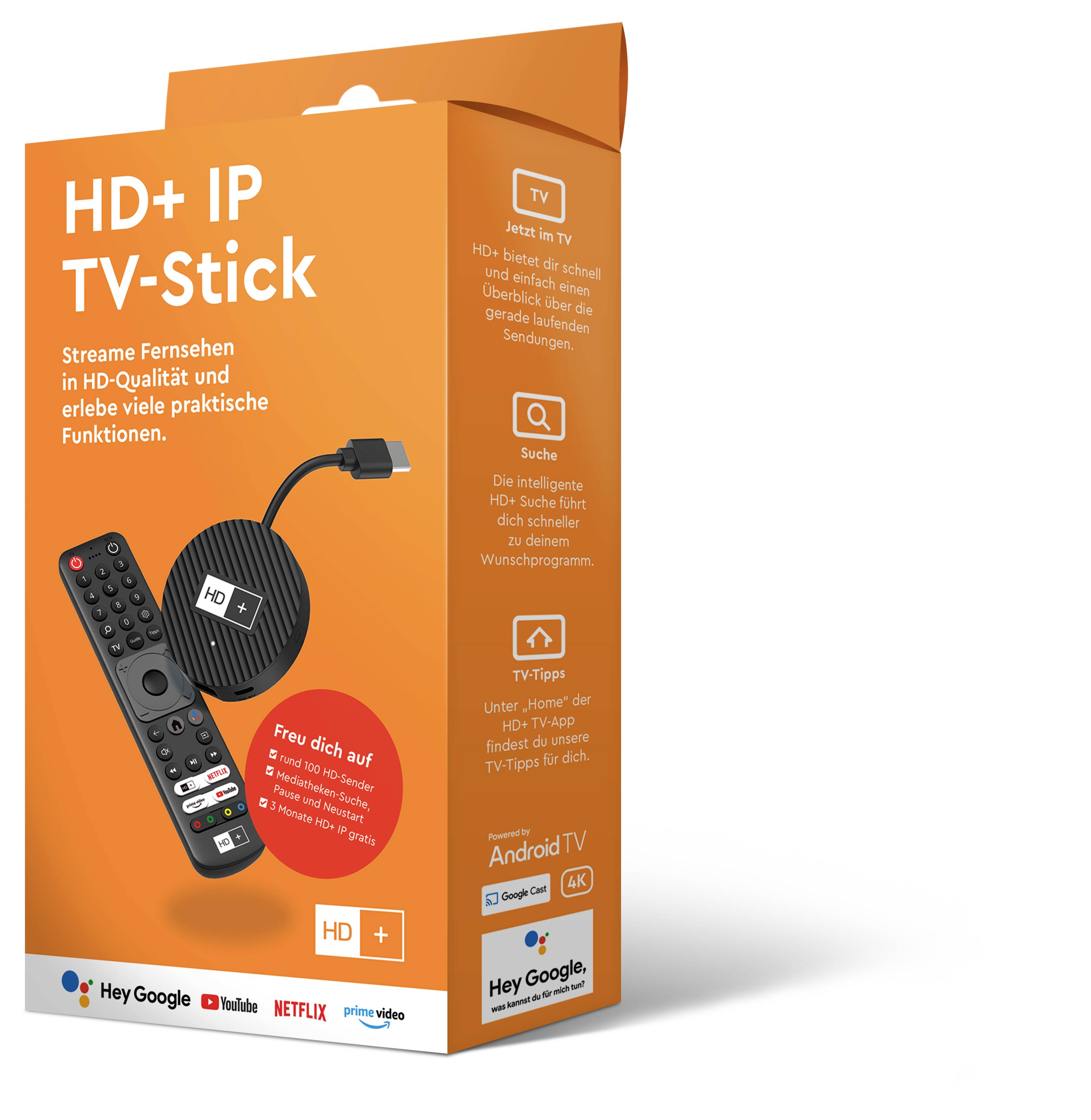 'HD+ IP TV Stick' packaging featuring an image of a TV stick and remote control. Offers streaming in HD quality with convenient features. Brands shown below: Hey Google, YouTube, Netflix, HD+.