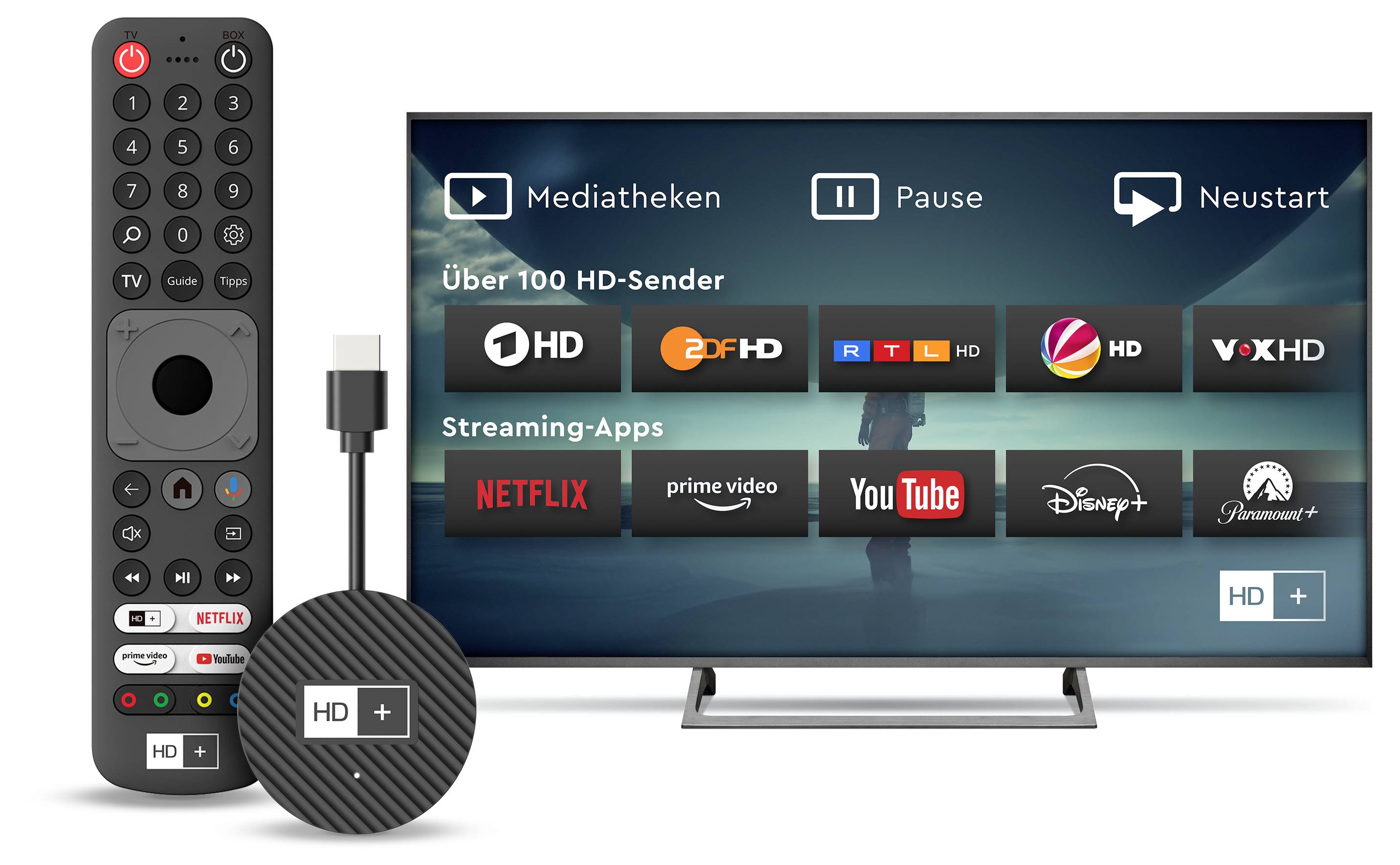 Television with streaming services and HD channels on the screen, with a remote control and an HD receiver beside it.