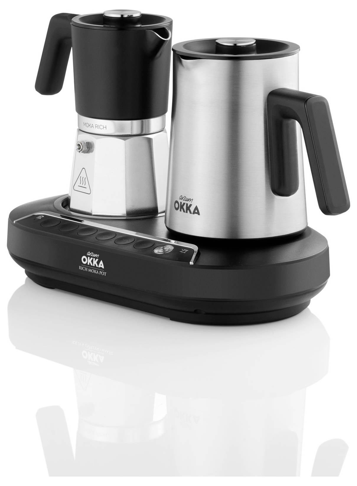 Electric coffee maker with two carafes on a base station. On the left, a silver moka pot, on the right, a stainless steel carafe.