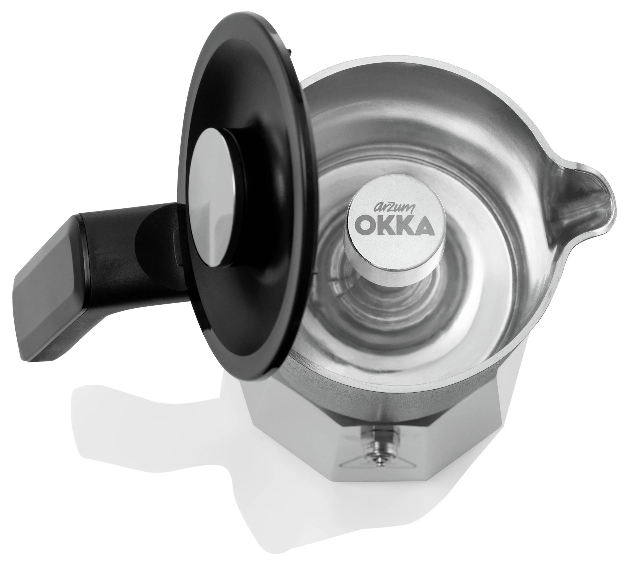 A stainless steel coffee maker with an open design, featuring a black handle and lid. The 'Arzum OKKA' brand is visible inside the lid.