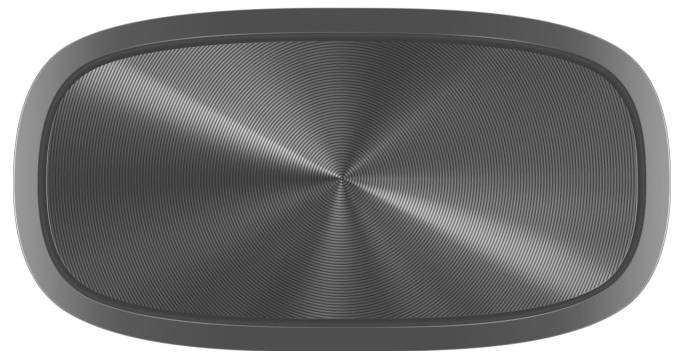 An oval, black, wavy loudspeaker with a metallic sheen and concentric circles on its surface.