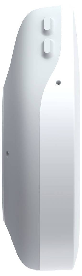 White, oval electronic device in side view, with two buttons on top.