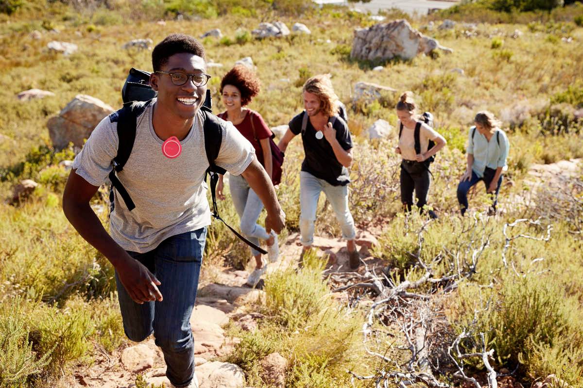 A group of cheerful people are hiking along a rocky path in a verdant landscape, with sunny weather.