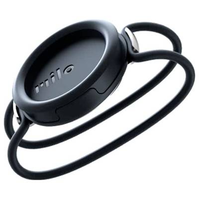 A black, oval device with the 'milo' inscription on the top surface, featuring two thin, connected wristbands.