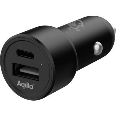 A black USB car charger with two ports, one USB-A and one USB-C. The device bears the 'Aqiila' logo.