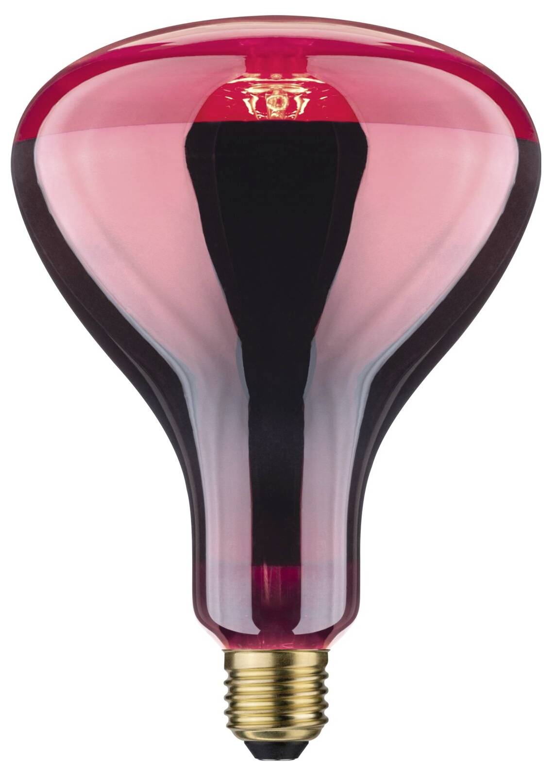 Red light bulb with a wide, round head and golden fitting. Glows warmly and intensively, suitable for decorative lighting.