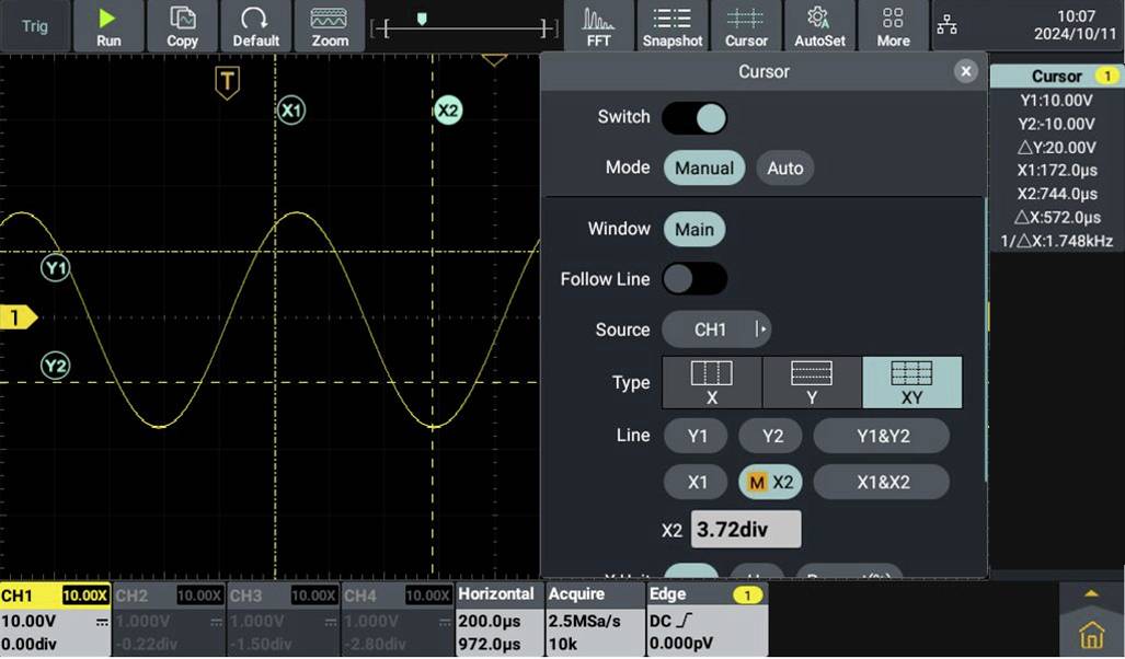 'Oscilloscope display with sinusoidal waveform, course settings on the right side and multiple measurement indicators at the bottom.'