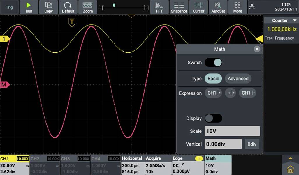 'Oscilloscope screen with two overlaying wave signals, yellow and red. Measurement settings: Basic type, 10V scale.'