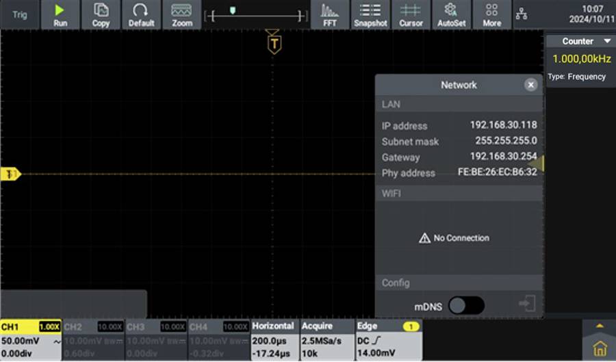 'Oscilloscope display with network settings. IP address: 192.168.30.118, Subnet mask: 255.255.255.0, Gateway: 192.168.30.254.'