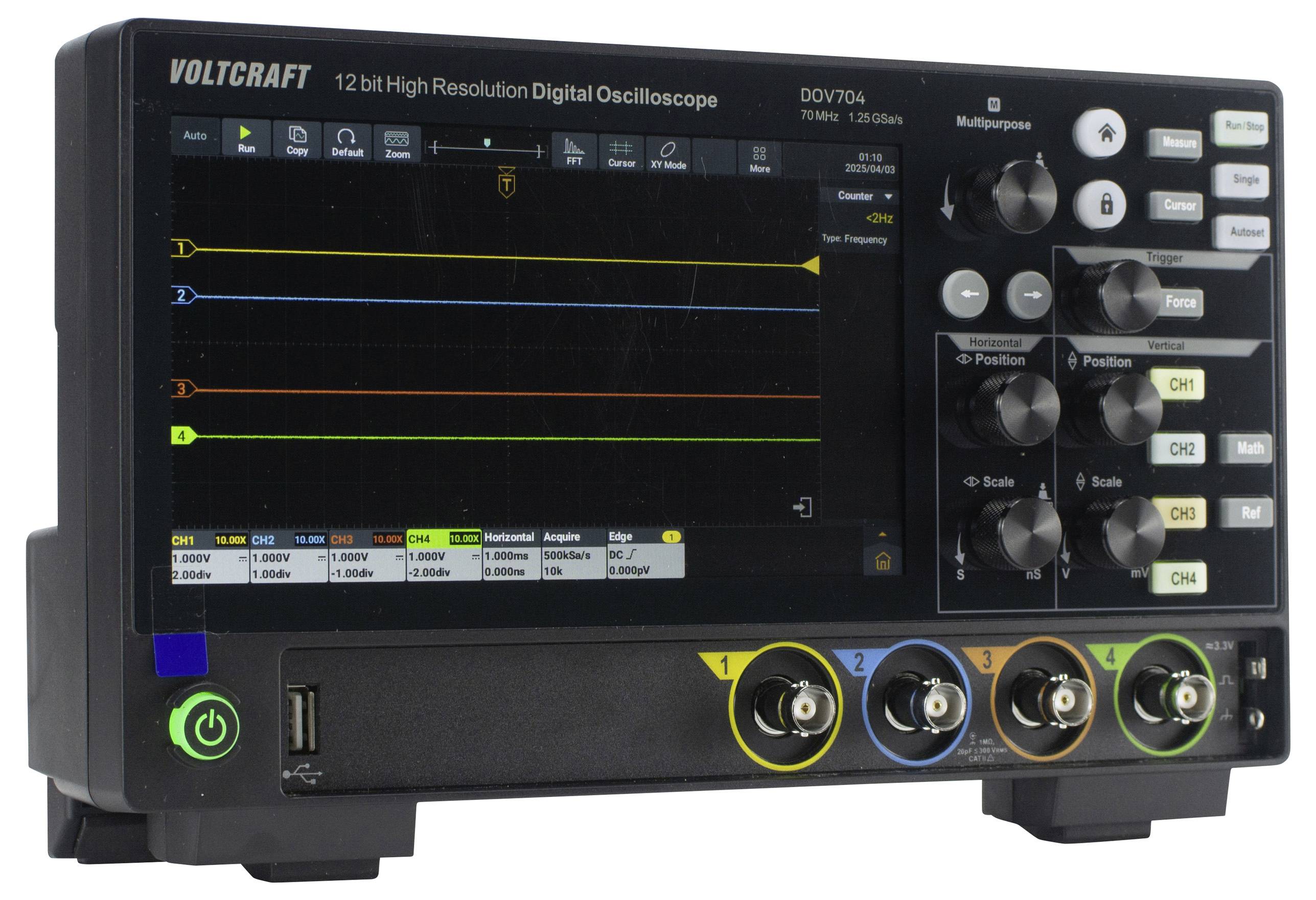 Digital oscilloscope by Voltcraft with multi-coloured waveform displays on the screen. Controls are located on the right.