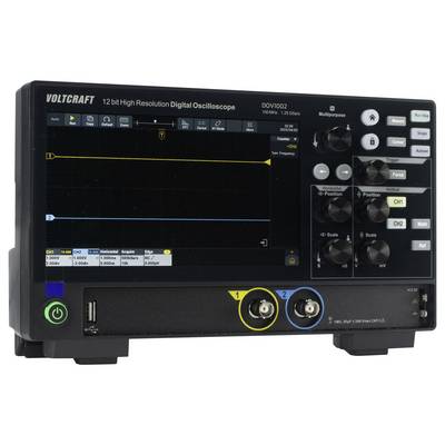 A digital oscilloscope displays a stable yellow line on a black display, marked as 'CH1'. There are various control buttons and sockets.