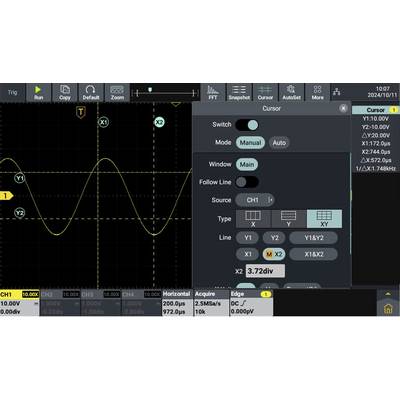 An oscilloscope display shows two waveform signals. On the right is a control panel with settings and measurement values.