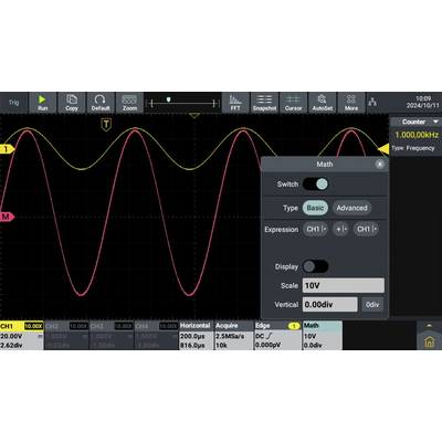 'Oscilloscope screen displays two sine waves, one yellow, one red. Set frequency: 1.0000 kHz. Math menu with basic options open.'