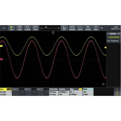 An oscilloscope display shows two wave signals: a yellow sine wave and a red sine wave. The frequency is 1 MHz.