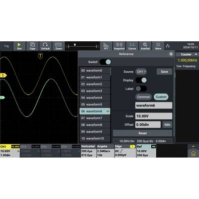Oscilloscope display with two sine waves. Menu shows Channel CH1, Source '06 waveform6', Scaling '10.00V', Offset '0.00div'. Frequency: 1.0000 kHz.