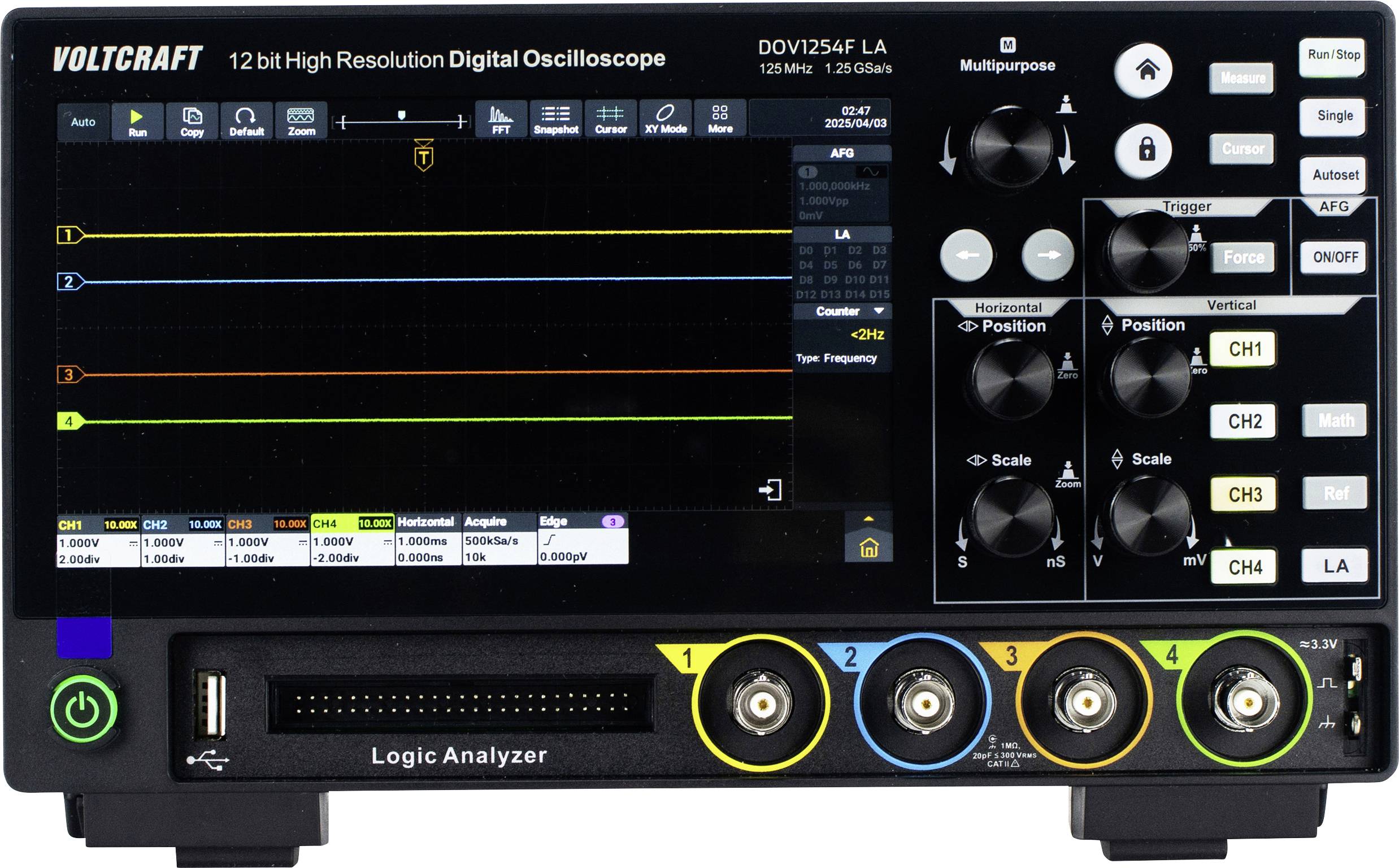 VOLTCRAFT DOV1254F LA Digital 125 MHz 4-channel 1.25 GS/s 100 MP 12 Bit Digital storage (DSO), Function generator, Logic analyzer 1 pc(s)