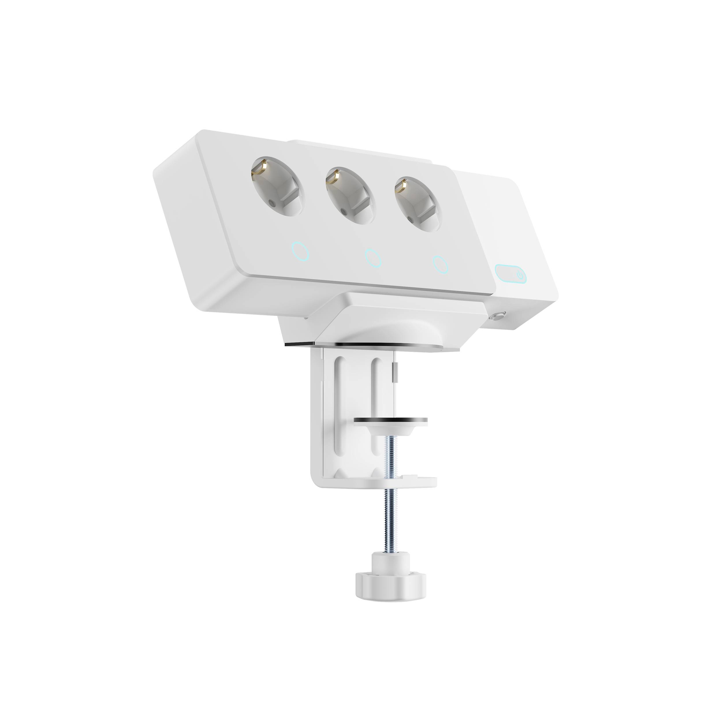 A white triple socket adapter with a blue LED indicator, mounted on a screw bracket.
