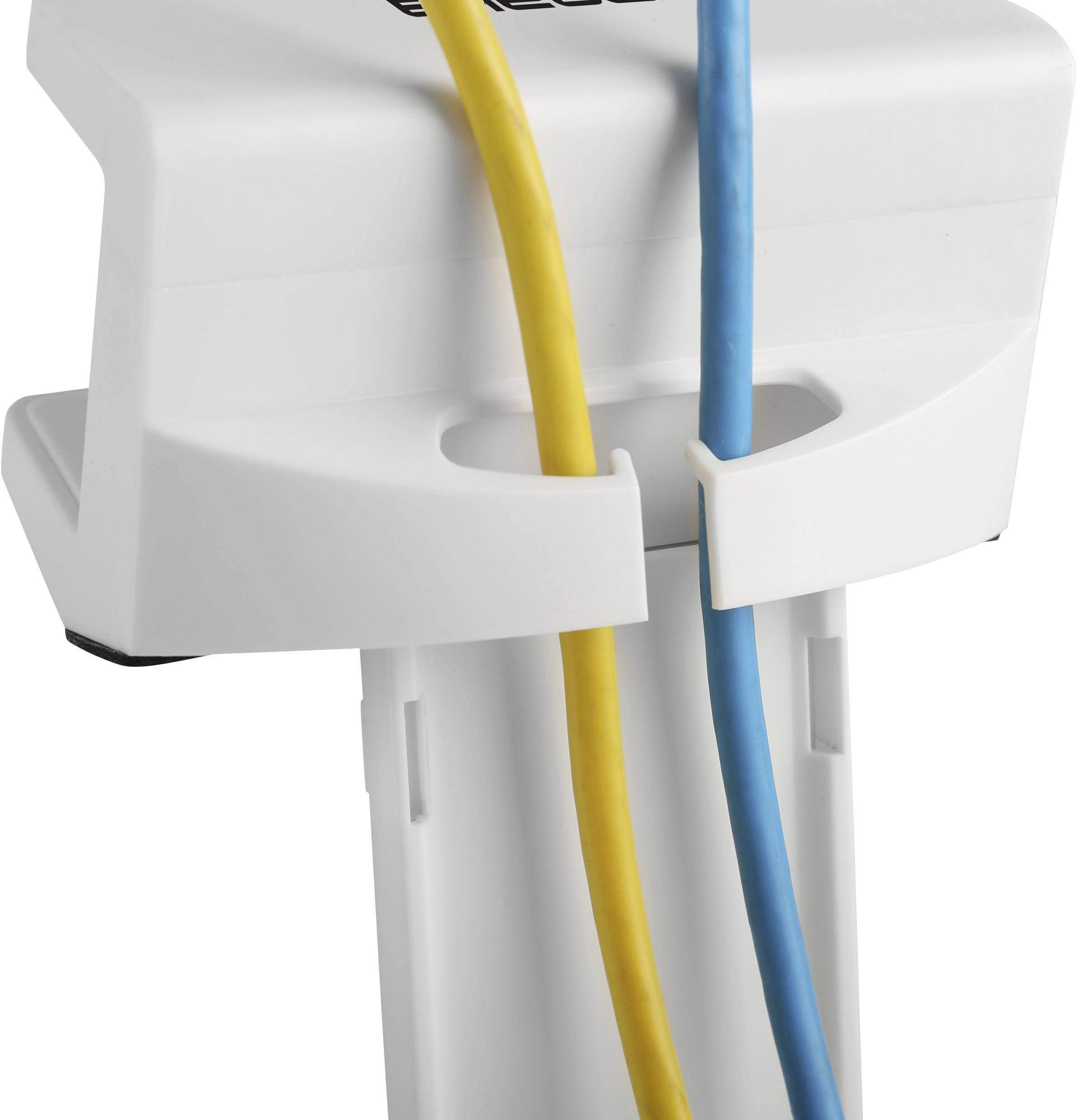 A white cable clip holds yellow and blue cables.