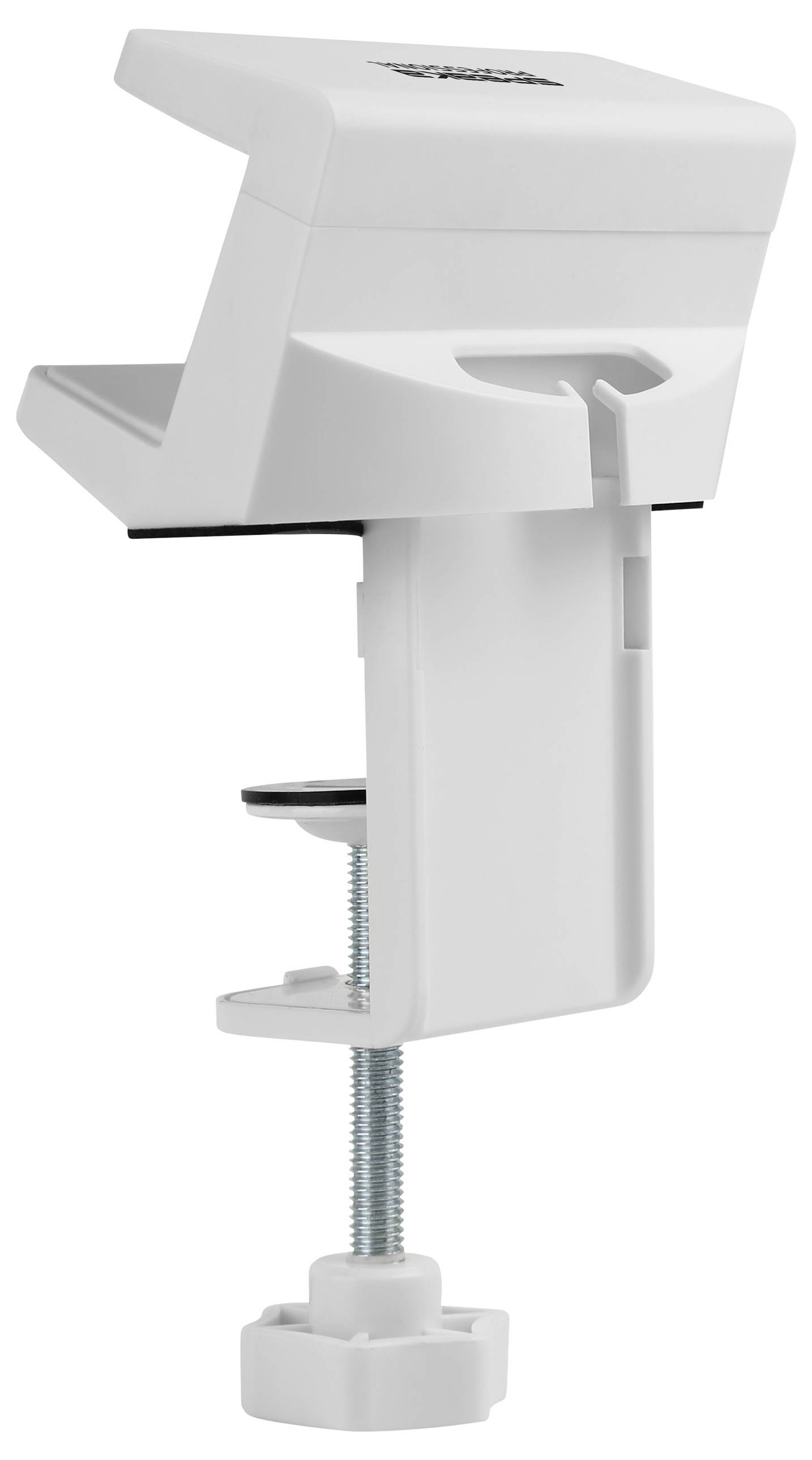 A white table clamp with a screw mechanism, suitable for securing items to table edges. Adjustable tension wheel for precise tightening.