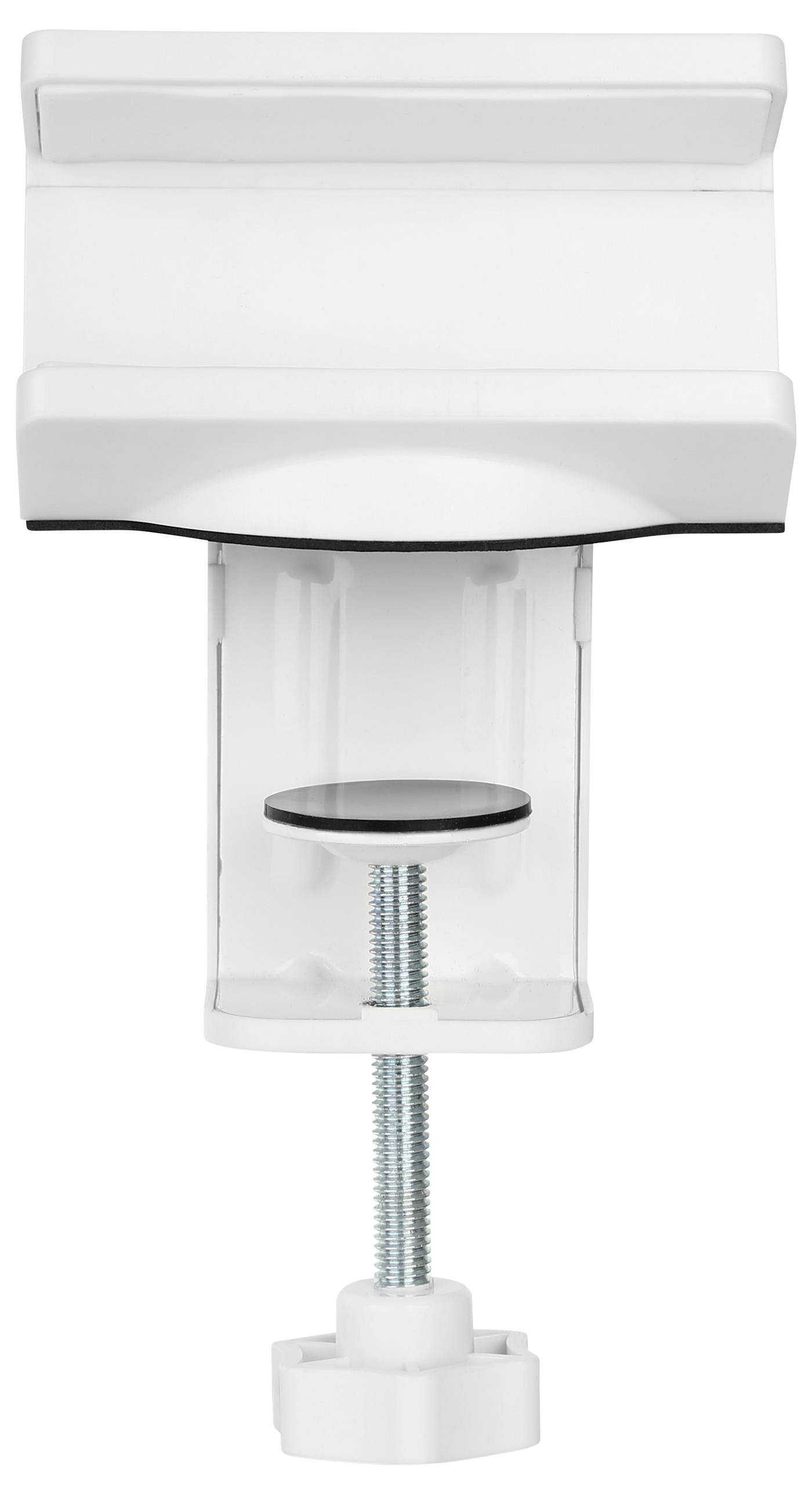 A white table clamp with an adjustable metal pin, suitable for securing devices or accessories to table edges.
