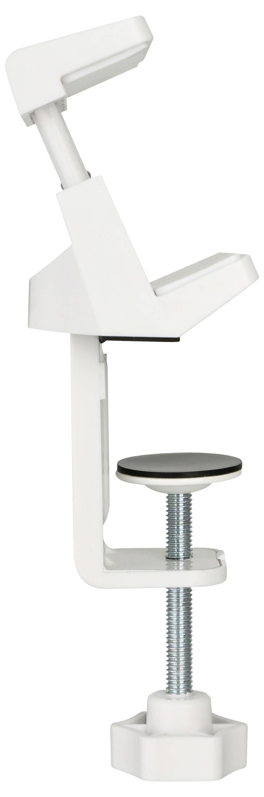 A white table clamp for securing devices or brackets to the edge of a table.