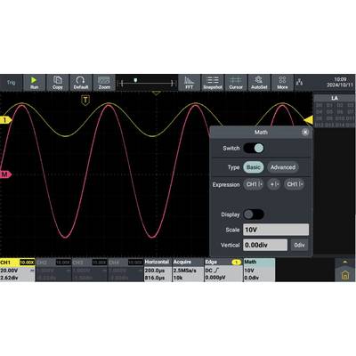 'Oscilloscope screen with two wave-like signals in red and yellow. Display settings: Type: Basic, Scale: 10V.'