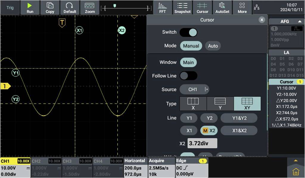 'Oscilloscope screen shows waveforms. Channel 1 at 10.00 V. Time div 200.0 μs. Key values: Y1: 10.00 V, Y2: 0.45 V, X: 474.0 μs.'
