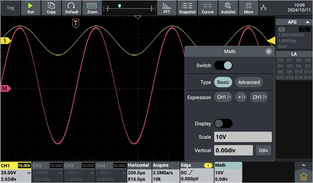 Oscilloscope display with two overlapping waveforms in yellow and red. A maths panel shows settings such as type and scale.