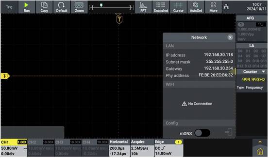 Oscilloscope screen with diagram. Bottom left: vertical (50.0mV/DIV) and horizontal (200.0μs) scales. Right: Network IP data. Frequency counter shows '999.993Hz'.