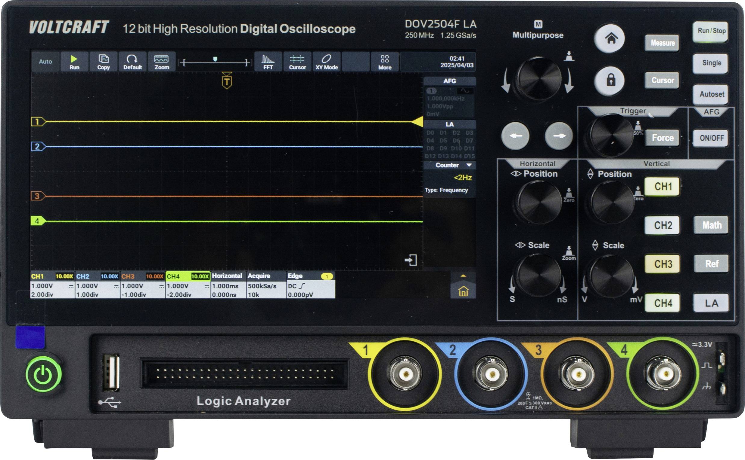 VOLTCRAFT DOV2504F LA Digital 250 MHz 4-channel 1.25 GS/s 100 MP 12 Bit Digital storage (DSO), Function generator, Logic analyzer 1 pc(s)
