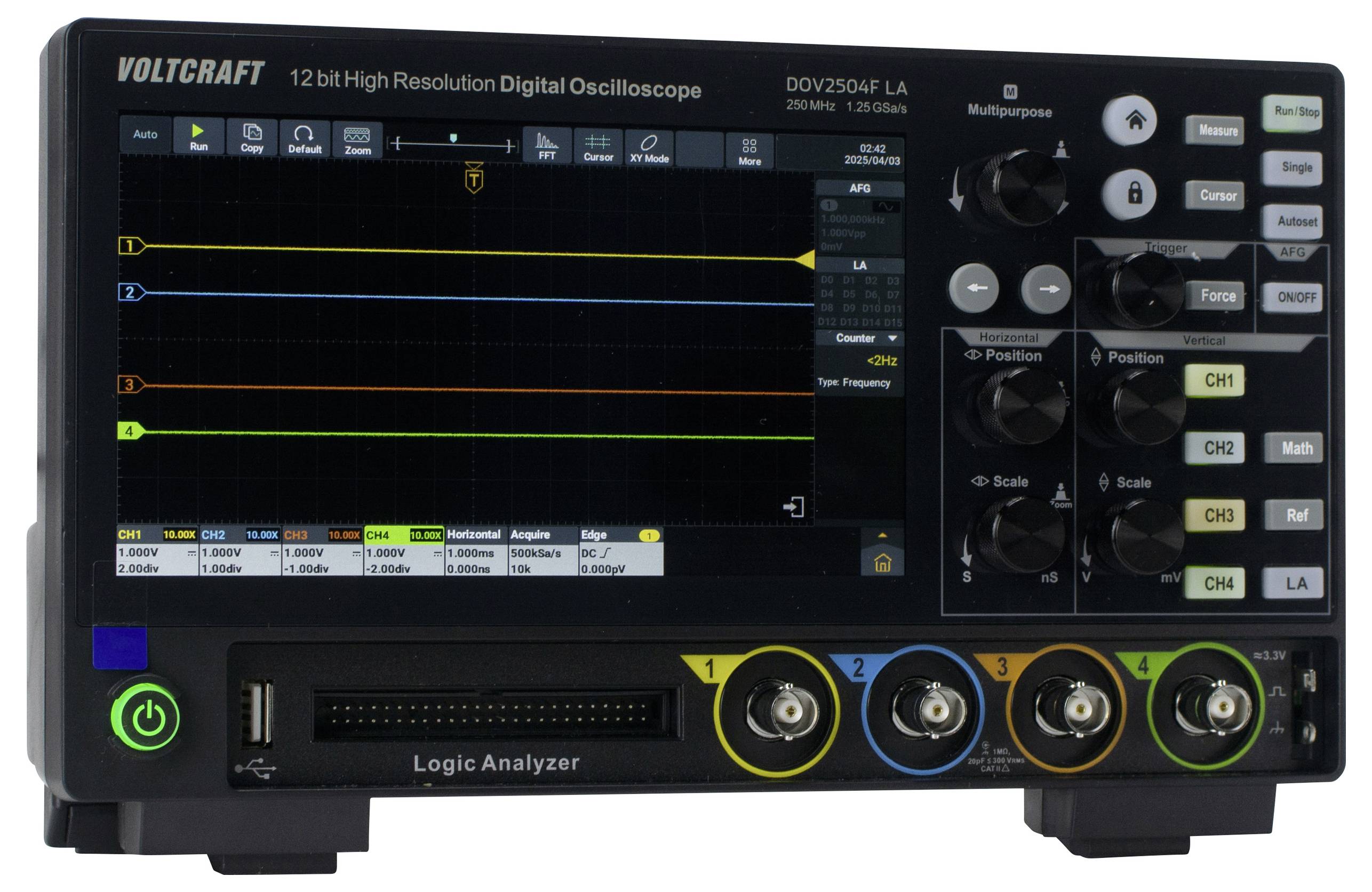 'Oscilloscope with digital display and control elements, showing various curve patterns, including voltage and time measurement.'