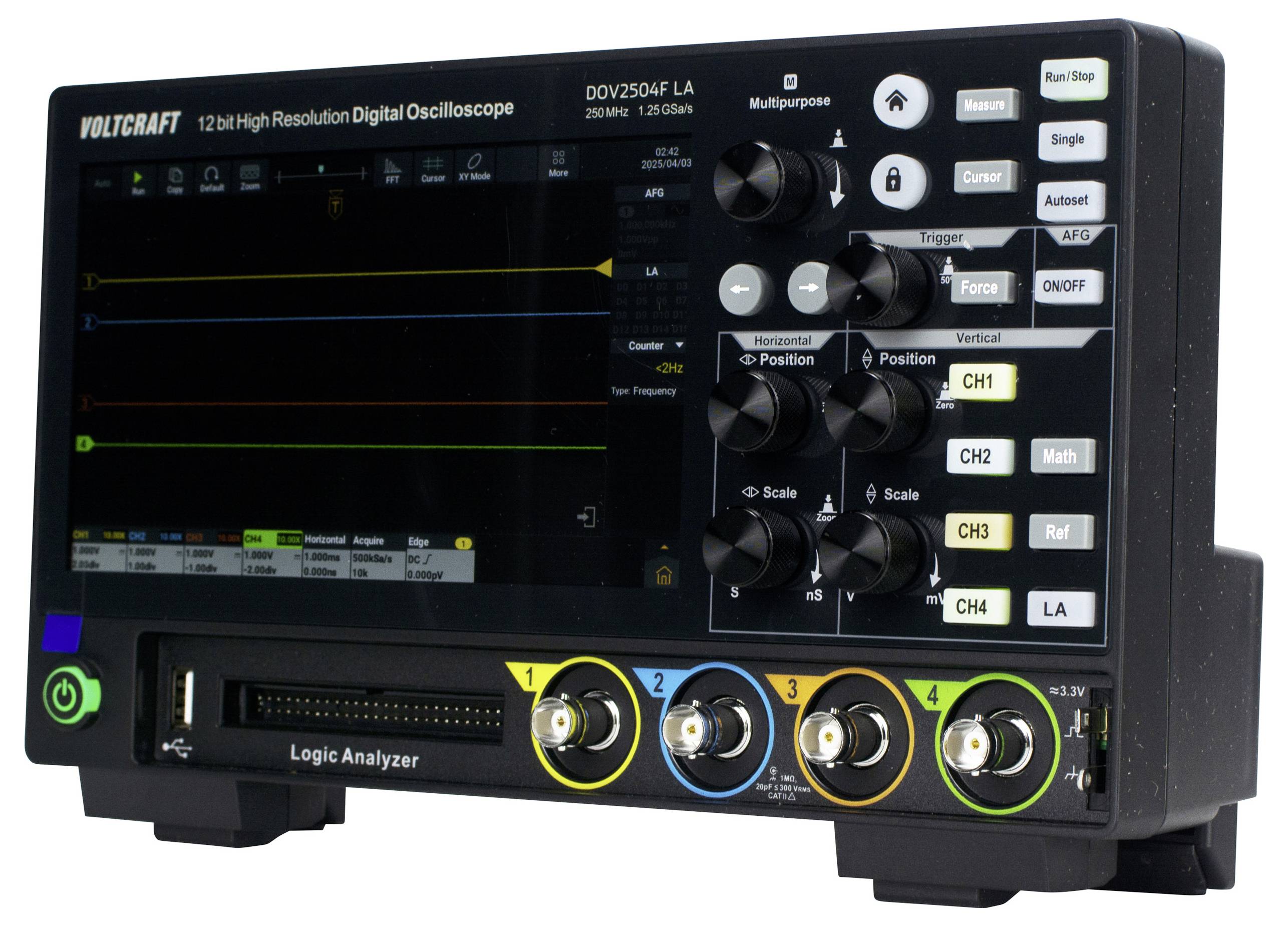 A 12-bit high-frequency digital oscilloscope with multiple channels and control buttons, for analysing electrical signals.