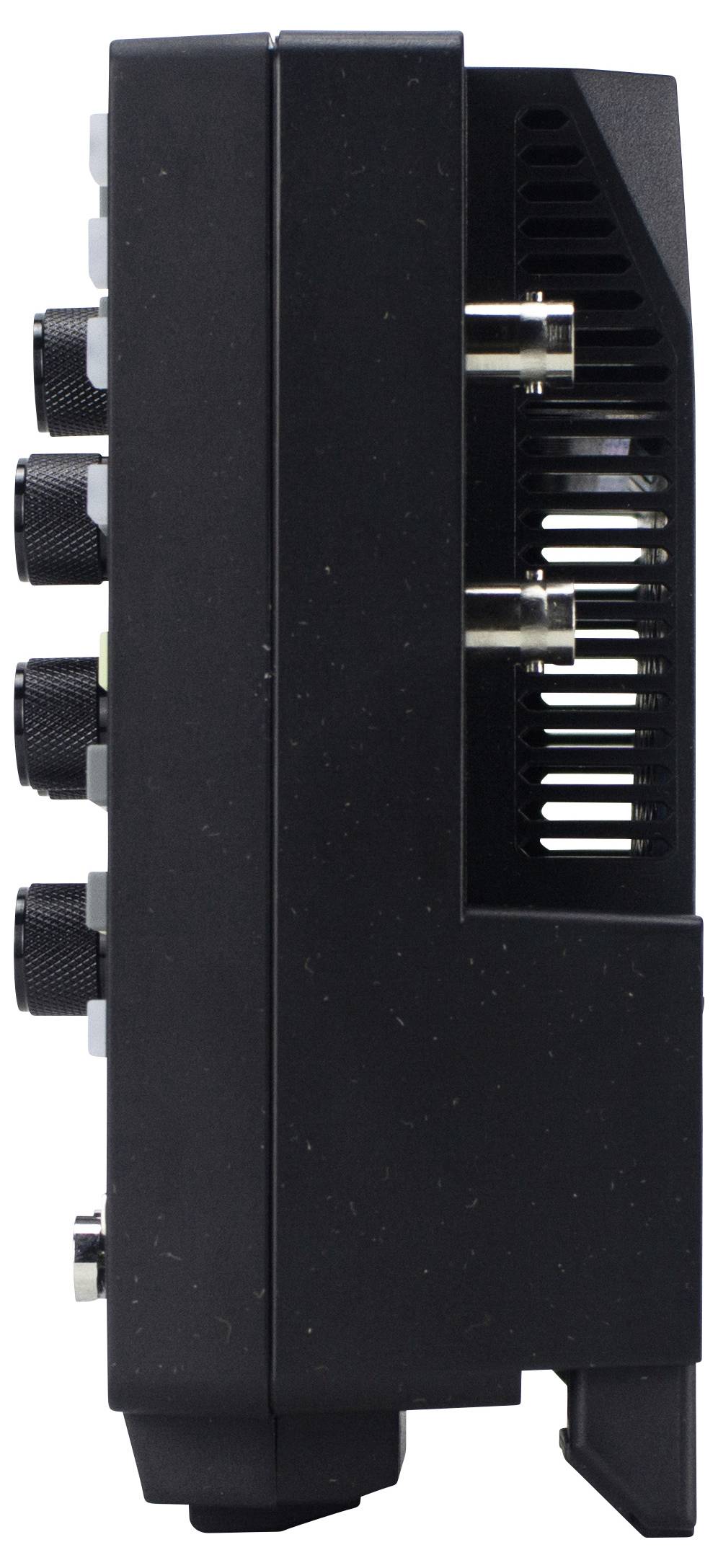 Side view of an electronic device with multiple connection sockets and controls, possibly part of an audio device or amplifier.