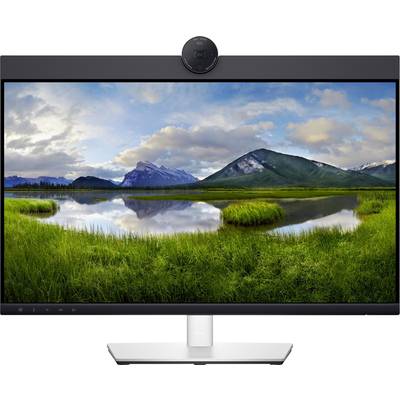 A computer screen displays a landscape with a tranquil lake, green meadows, and mountains in the background beneath a cloudy sky.