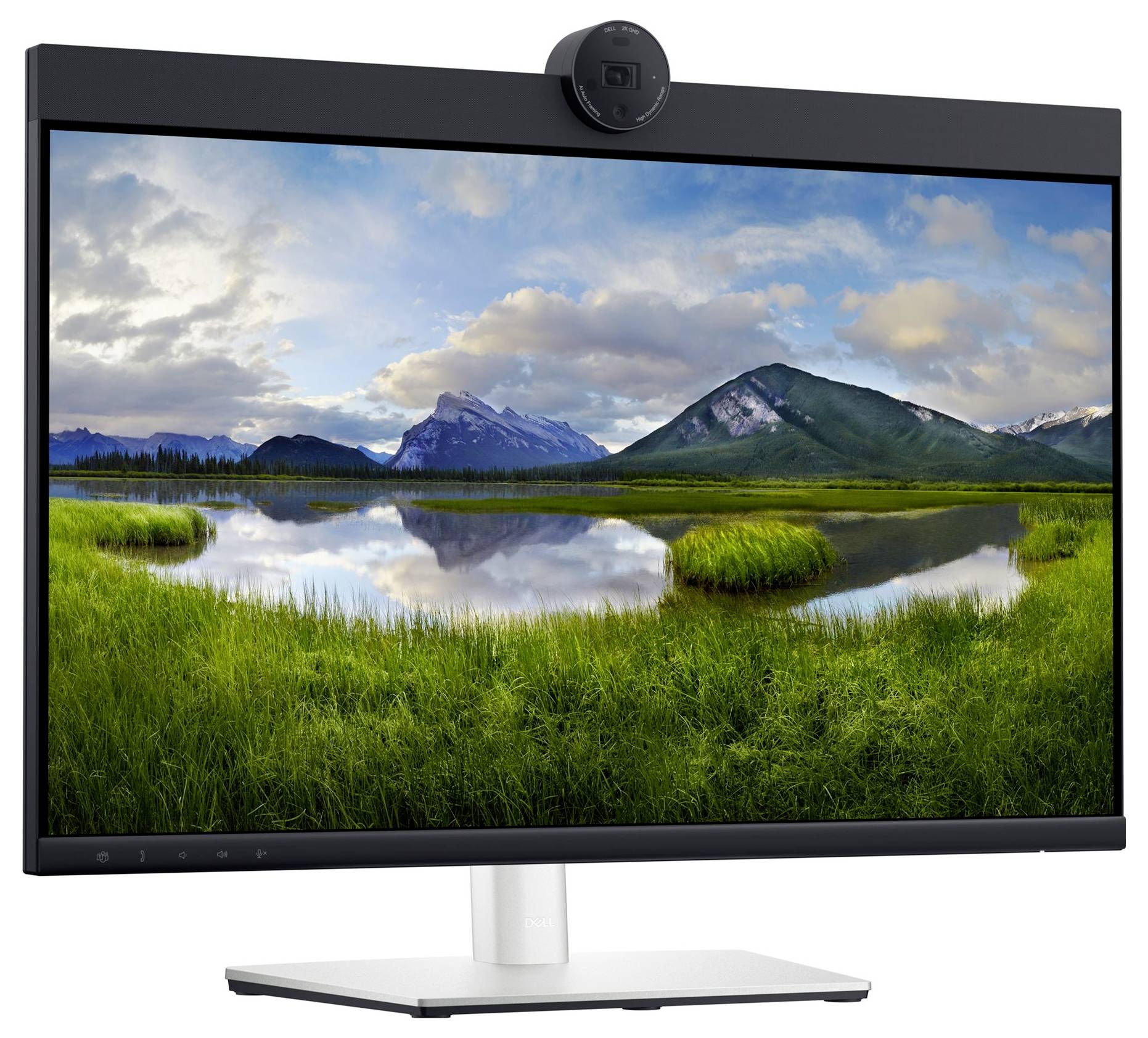 A monitor displays a landscape with a tranquil lake, mountains, and a cloudy sky.