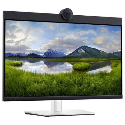 A monitor displays a landscape with a tranquil lake, mountains, and a cloudy sky.