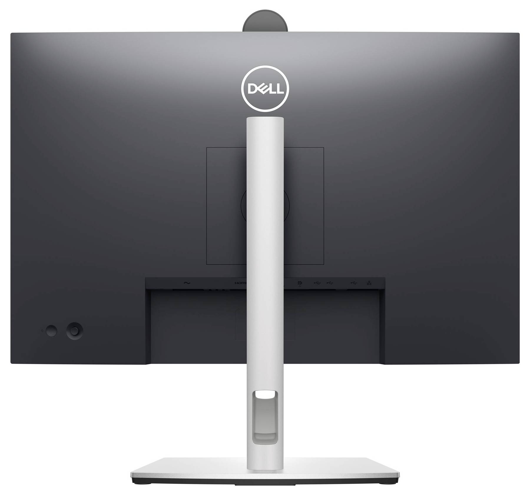 A monitor from behind with a white stand, glossy black rear surface and Dell logo at the top.