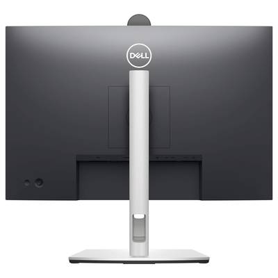 A monitor from behind with a white stand, glossy black rear surface and Dell logo at the top.