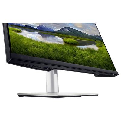 A monitor displays a landscape with green meadows and mountains in the background, reflecting in a tranquil lake.