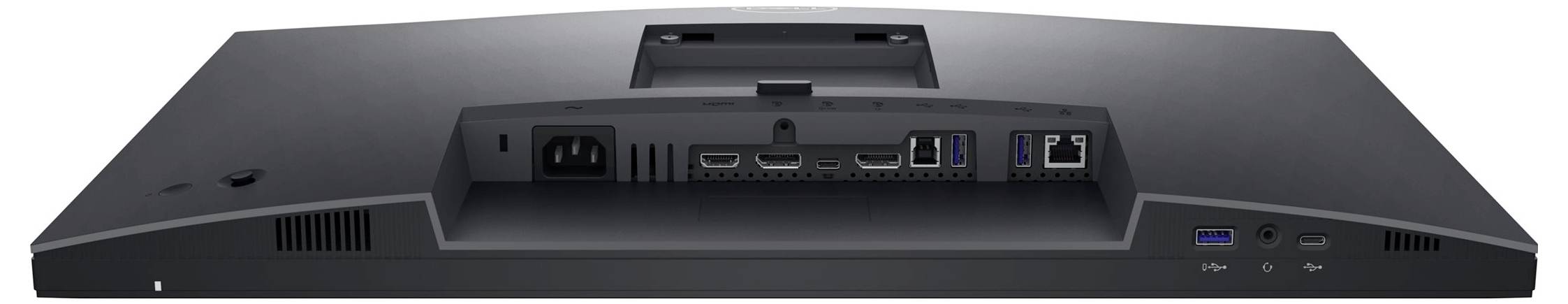 Rear view of a monitor with connections: Power, HDMI, DisplayPort, USB. Suitable for computer connections and accessories.