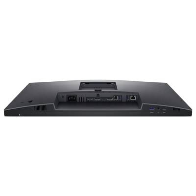 Rear view of a monitor with connections: Power, HDMI, DisplayPort, USB. Suitable for computer connections and accessories.