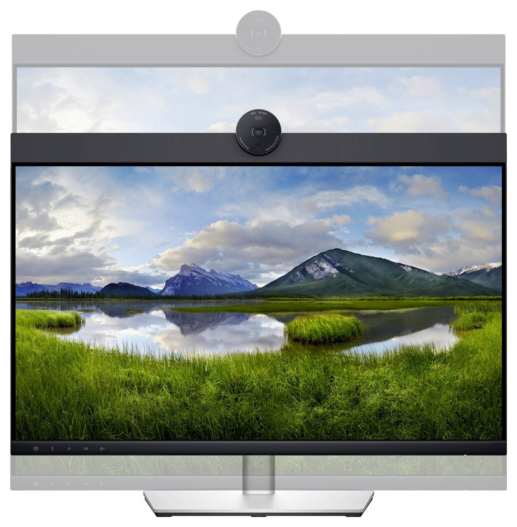 A computer screen displays a tranquil landscape with a lake, surrounded by green meadows and mountains beneath a cloudy sky.