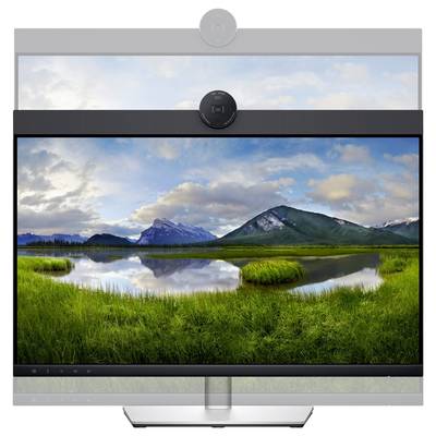 A computer screen displays a tranquil landscape with a lake, surrounded by green meadows and mountains beneath a cloudy sky.