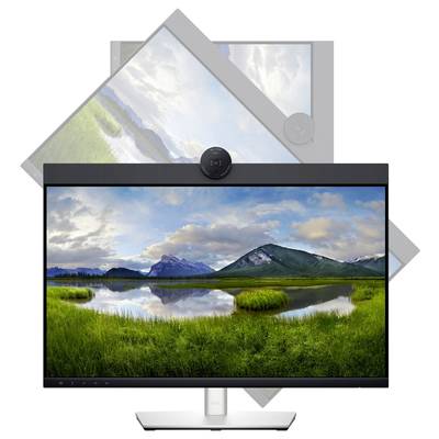 A computer monitor displays a landscape with mountains, a lake and green meadows beneath a cloudy sky.